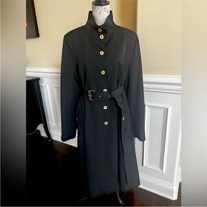 Isaac Mizrahi Black Trench Coat Funnel neck stand up collar with Gold Buttons L